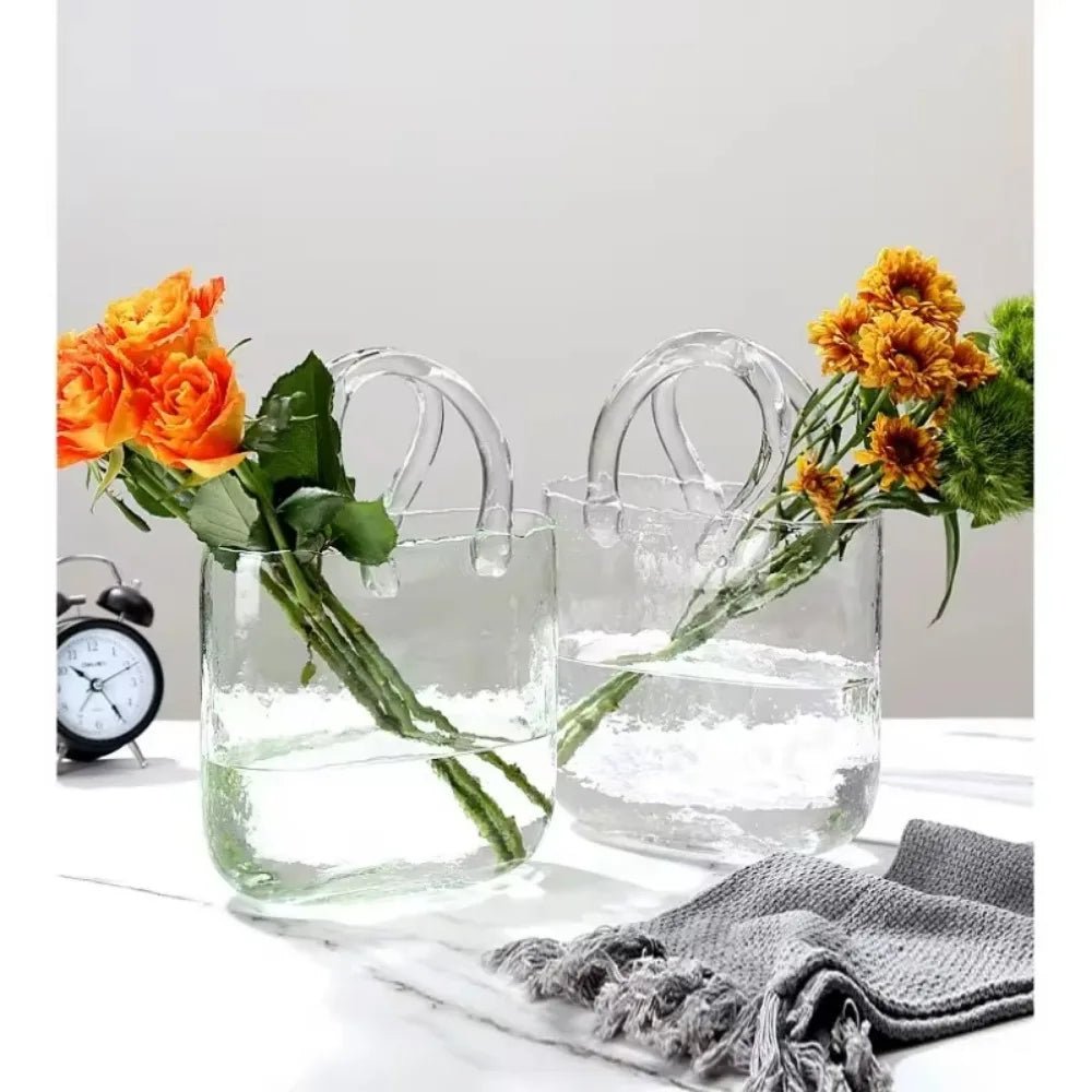 Nordic-Inspired Designer Glass Vase Handbag – Chic Hydroponic Flower Basket for Stylish Home Décor and Fish Farming
