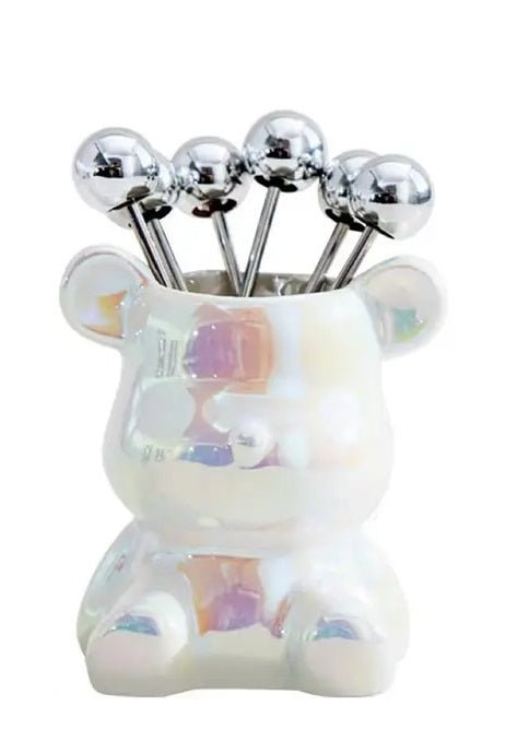 Nordic Luxury Stainless Bear Dessert Fork Set – 6-Piece Stainless Steel & Ceramic Storage Can Cute, Chic & Perfect for Stylish Entertaining