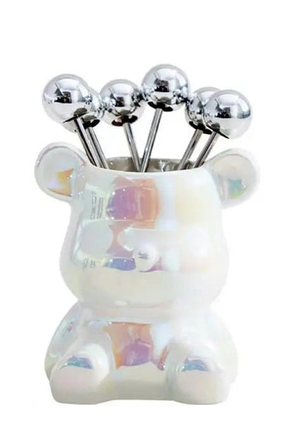 Nordic Luxury Stainless Bear Dessert Fork Set – 6-Piece Stainless Steel & Ceramic Storage Can Cute, Chic & Perfect for Stylish Entertaining