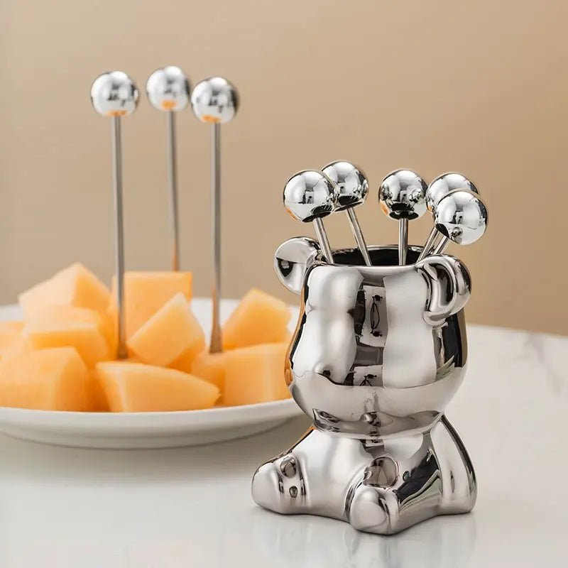 Nordic Luxury Stainless Bear Dessert Fork Set – 6-Piece Stainless Steel & Ceramic Storage Can Cute, Chic & Perfect for Stylish Entertaining