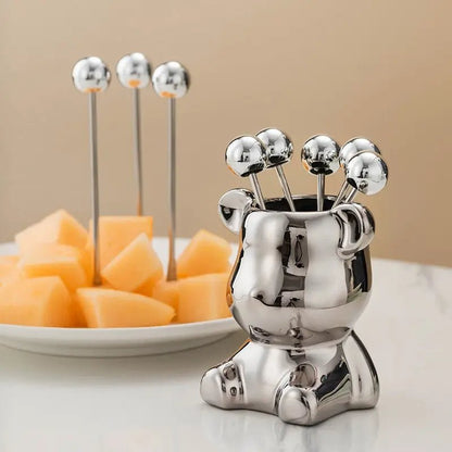 Nordic Luxury Stainless Bear Dessert Fork Set – 6-Piece Stainless Steel & Ceramic Storage Can Cute, Chic & Perfect for Stylish Entertaining