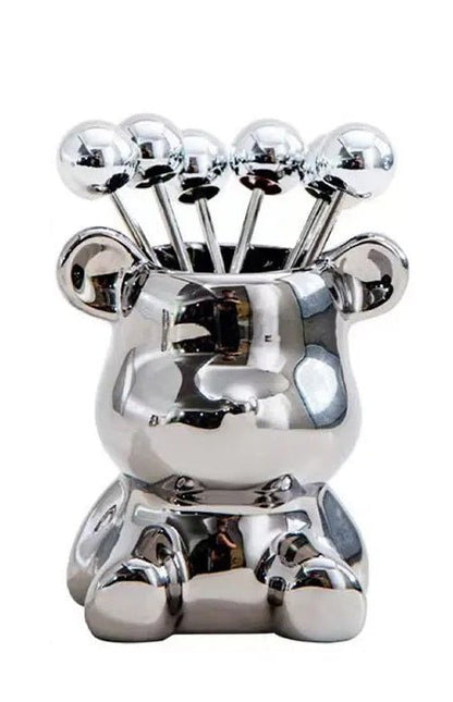 Nordic Luxury Stainless Bear Dessert Fork Set – 6-Piece Stainless Steel & Ceramic Storage Can Cute, Chic & Perfect for Stylish Entertaining