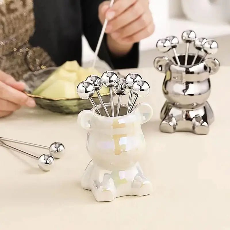 Nordic Luxury Stainless Bear Dessert Fork Set – 6-Piece Stainless Steel & Ceramic Storage Can Cute, Chic & Perfect for Stylish Entertaining