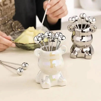 Nordic Luxury Stainless Bear Dessert Fork Set – 6-Piece Stainless Steel & Ceramic Storage Can Cute, Chic & Perfect for Stylish Entertaining