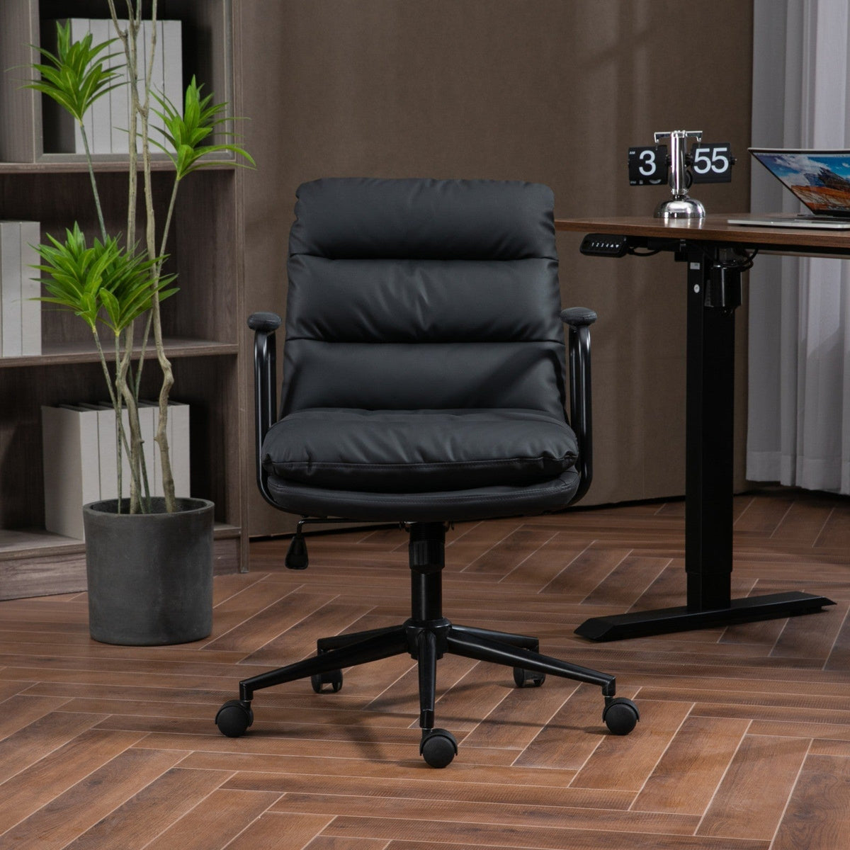 Office Chair, Mid Back Home Office Desk Task Chair with Wheels and Arms, Ergonomic PU Leather Computer Rolling Swivel Chair
