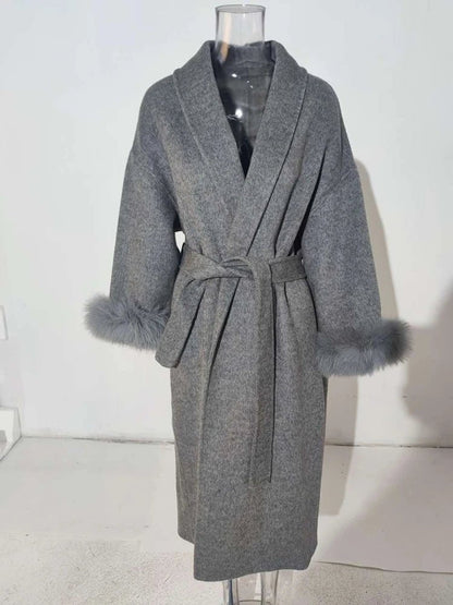 Office Lady Real Wool Coat – Chic Fur Patchwork Overcoat with Long Sleeves for a Sophisticated Autumn & Spring Look. A Must-Have Statement Jacket
