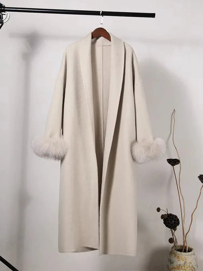 Office Lady Real Wool Coat – Chic Fur Patchwork Overcoat with Long Sleeves for a Sophisticated Autumn & Spring Look. A Must-Have Statement Jacket