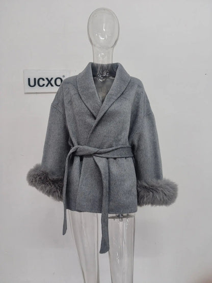 Office Lady Real Wool Coat – Chic Fur Patchwork Overcoat with Long Sleeves for a Sophisticated Autumn & Spring Look. A Must-Have Statement Jacket
