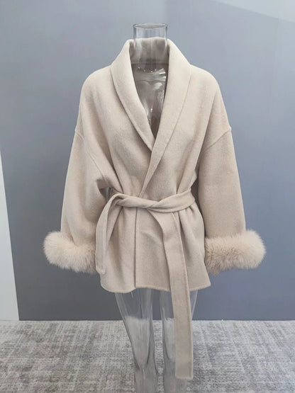 Office Lady Real Wool Coat – Chic Fur Patchwork Overcoat with Long Sleeves for a Sophisticated Autumn & Spring Look. A Must-Have Statement Jacket
