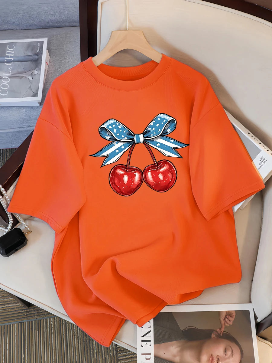 Women’s Cotton Cherry Print T-Shirt – Summer Loose Hip Hop Tee with Flag Bow Detail, Breathable Comfort, and Stylish Streetwear Vibe