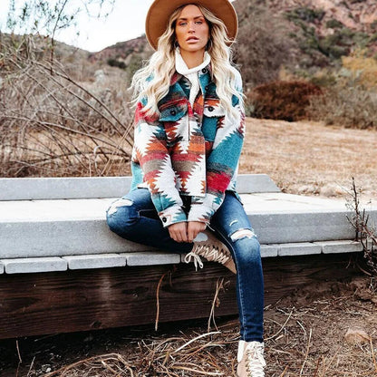 Vintage Aztec Denim Jacket with Collar – Wool Lined Loose Fit Long Sleeve Outerwear for Trendy Streetwear Vibes