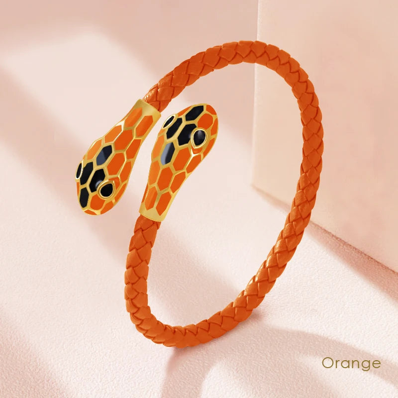 Double Snake Head Leather Bracelet – Classic Moonlight Braided Jewelry for Women’s Fashion with Genuine Leather & Gift Appeal