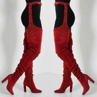 Women Faux Suede Thigh High Waist Belt Chunky High Heel Slouch Boots | Over The Knee Waist Belted Boots