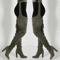 Women Faux Suede Thigh High Waist Belt Chunky High Heel Slouch Boots | Over The Knee Waist Belted Boots