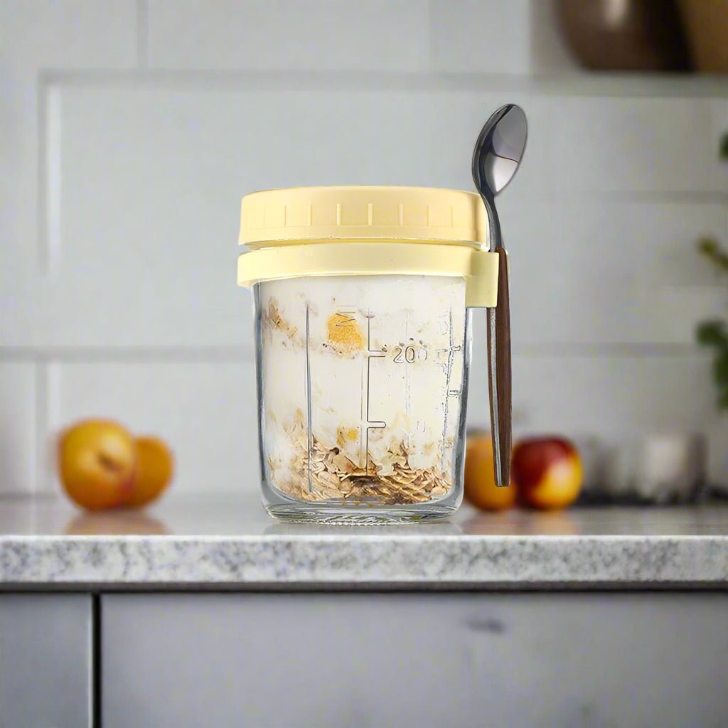 Overnight Oats Container with Lid & Spoon – 350ML  Glass Perfect for Yogurt, Cereal, Oatmeal & More, Portable, Stylish, and Ready for Your Mornings