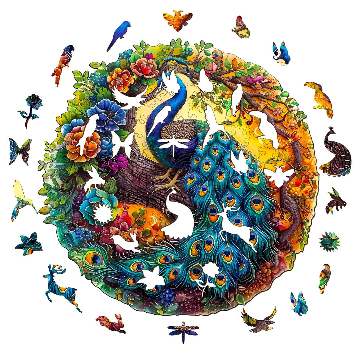 Peacock & Bird Wooden Puzzle Educational Toy – Multi-Size Round Puzzle for Adults & Kids, Perfect Festival Gift & Relaxing Toy