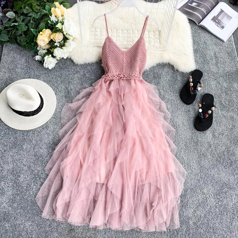 Pink Ruffle Bottom Summer Dress – Sleeveless V-Neck Knit with Sexy Backless Tulle Mesh for a Flawless Party Look