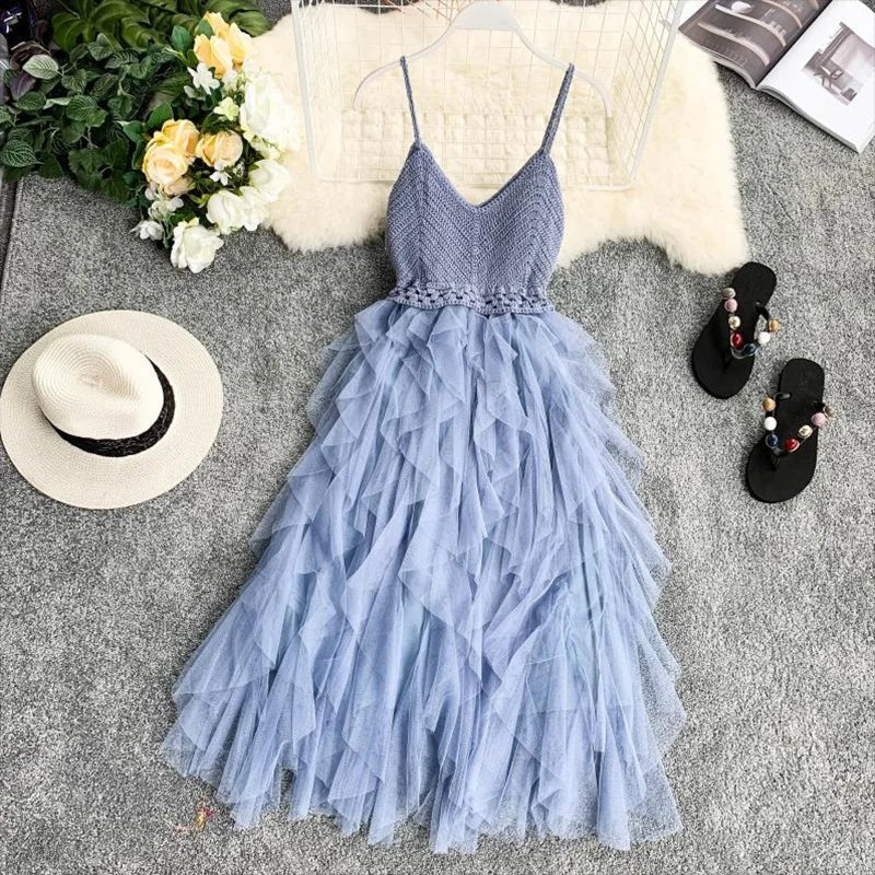 Pink Ruffle Bottom Summer Dress – Sleeveless V-Neck Knit with Sexy Backless Tulle Mesh for a Flawless Party Look