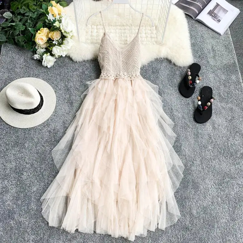 Pink Ruffle Bottom Summer Dress – Sleeveless V-Neck Knit with Sexy Backless Tulle Mesh for a Flawless Party Look