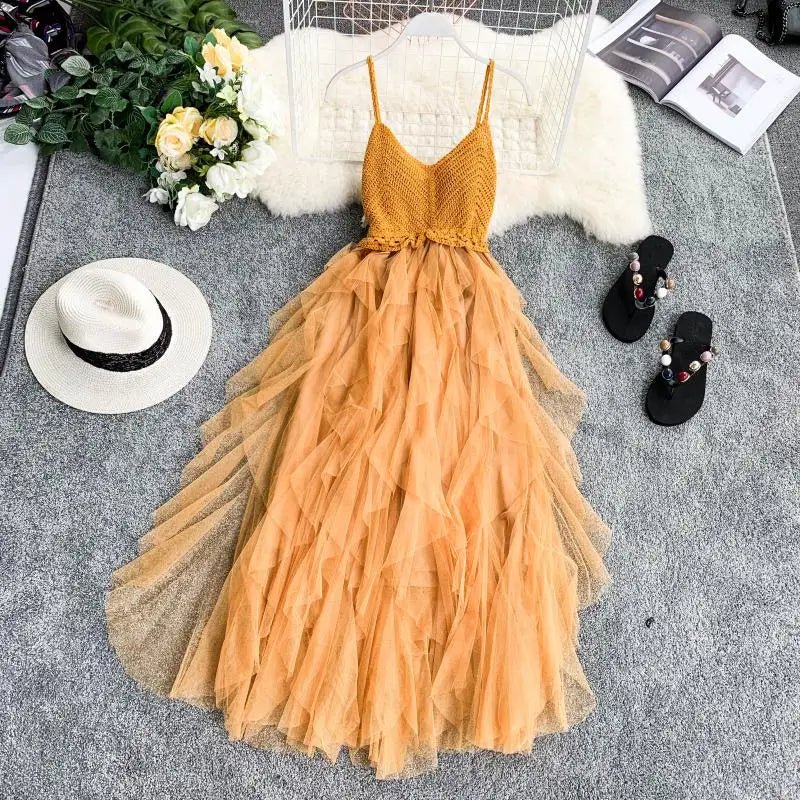 Pink Ruffle Bottom Summer Dress – Sleeveless V-Neck Knit with Sexy Backless Tulle Mesh for a Flawless Party Look