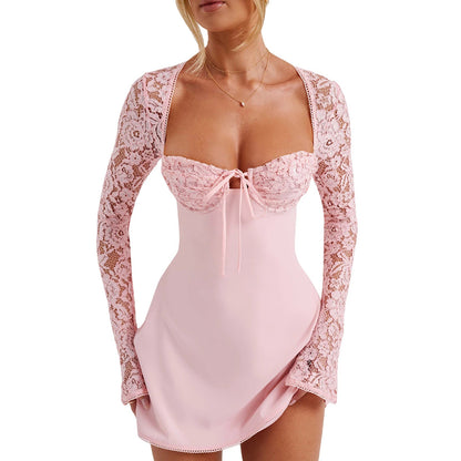 Lace Corset Mini Dress with Long Sleeves – Tie-Up Backless A-Line Stunner for Cocktail & Party Nights
