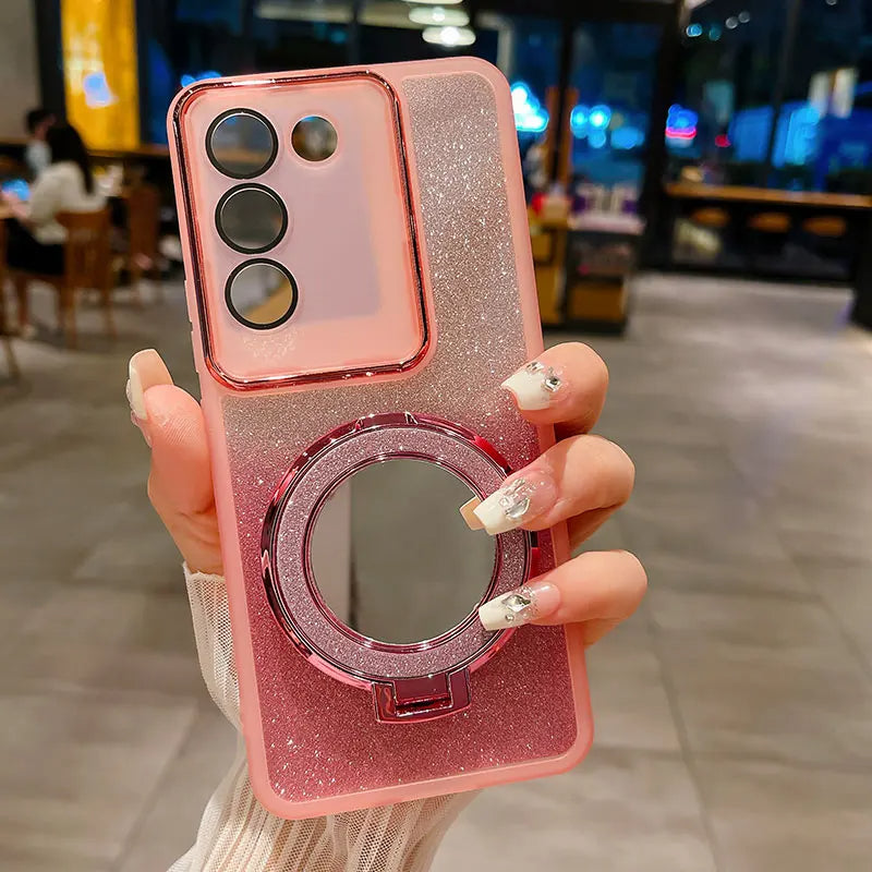 Bling Shockproof Mirror Case for Vivo V29E/V30 Pro – Glittery Protection with Stylish Mirror Holder