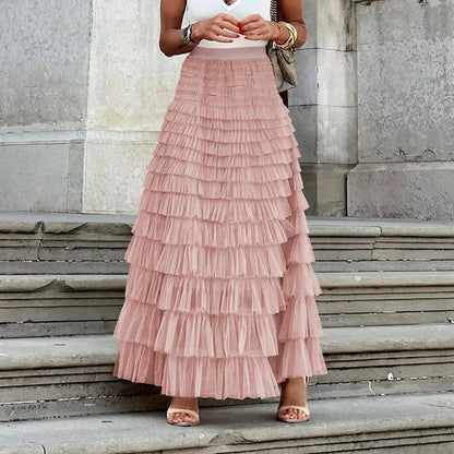 Elegant Women’s Tiered Tulle Maxi Skirt – High Waist Pleated Mesh Ball Gown Perfect for Dating, Parties, and Daily Chic