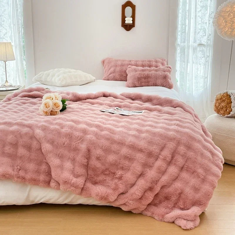 Faux Fur Plush Rabbit Blanket – Double-Layered Cozy Bedspread for Sofa & Bedroom