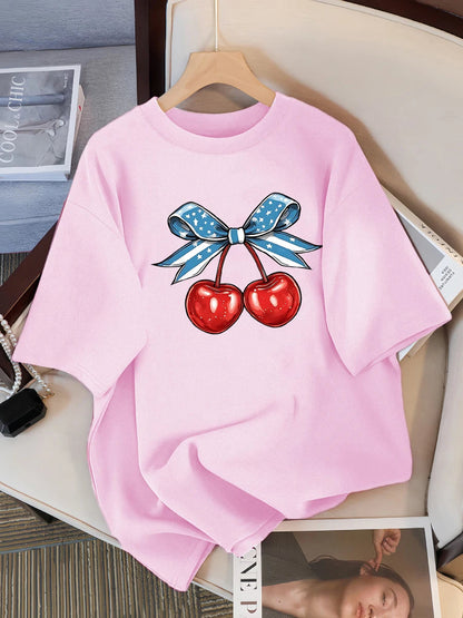 Women’s Cotton Cherry Print T-Shirt – Summer Loose Hip Hop Tee with Flag Bow Detail, Breathable Comfort, and Stylish Streetwear Vibe