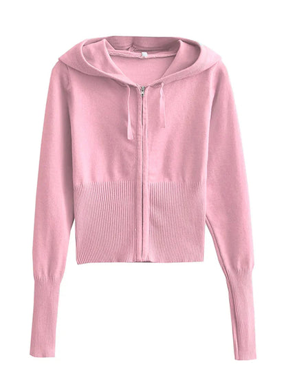 Trendy Knit Tracksuit – Cropped Hoodie & Trousers Set for Chic Comfort & Style