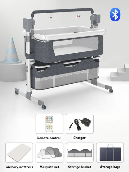 Portable Electric Bassinet - Rolling Baby Bassinet with Remote-Controlled Rocking, Fold-Down Side and Bluetooth Sound