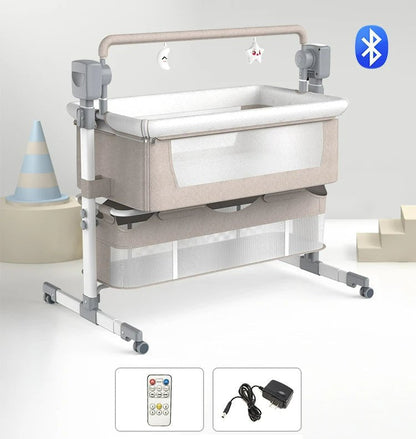 Portable Electric Bassinet - Rolling Baby Bassinet with Remote-Controlled Rocking, Fold-Down Side and Bluetooth Sound