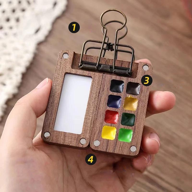 Portable Black Walnut Watercolor Palette Set – Handmade Travel Paint Box with Brush, 0.5ML Schmincke Paint Tray, and Book for Artistic Journeys