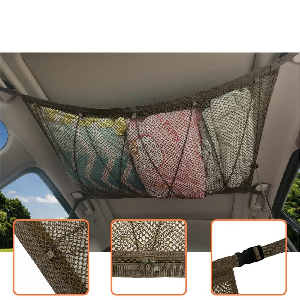 Portable Car Ceiling Space Saver Storage Net -  Double-Layer Mesh Storage Organizer with Adjustable Strap