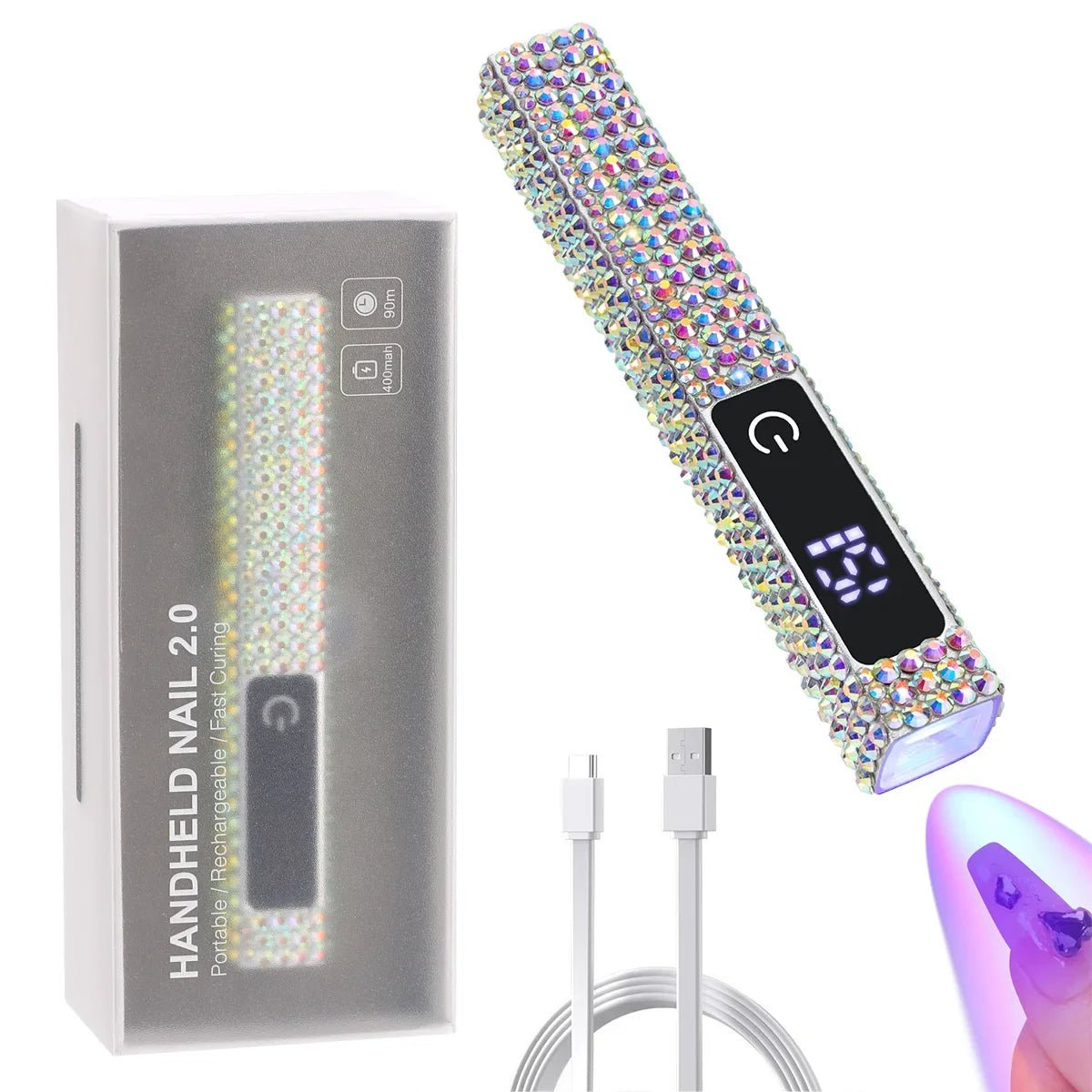 Portable Handheld UV LED Nail Lamp with Rhinestones – Rechargeable Nail Dryer for Perfect Manicures, Featuring Diamond Nail Art & Quick Curing Power