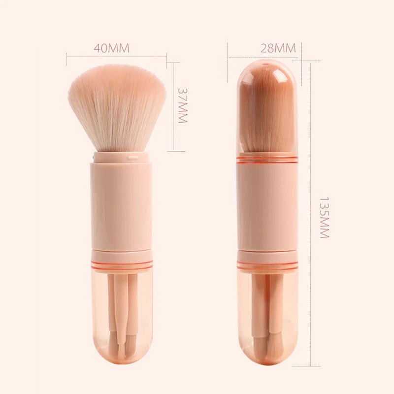 Portable Makeup Brush Set – 4-in-1 Retractable Kabuki Brush with 3 Soft, Compact Eye Brushes for Effortless Touch-Ups Anywhere