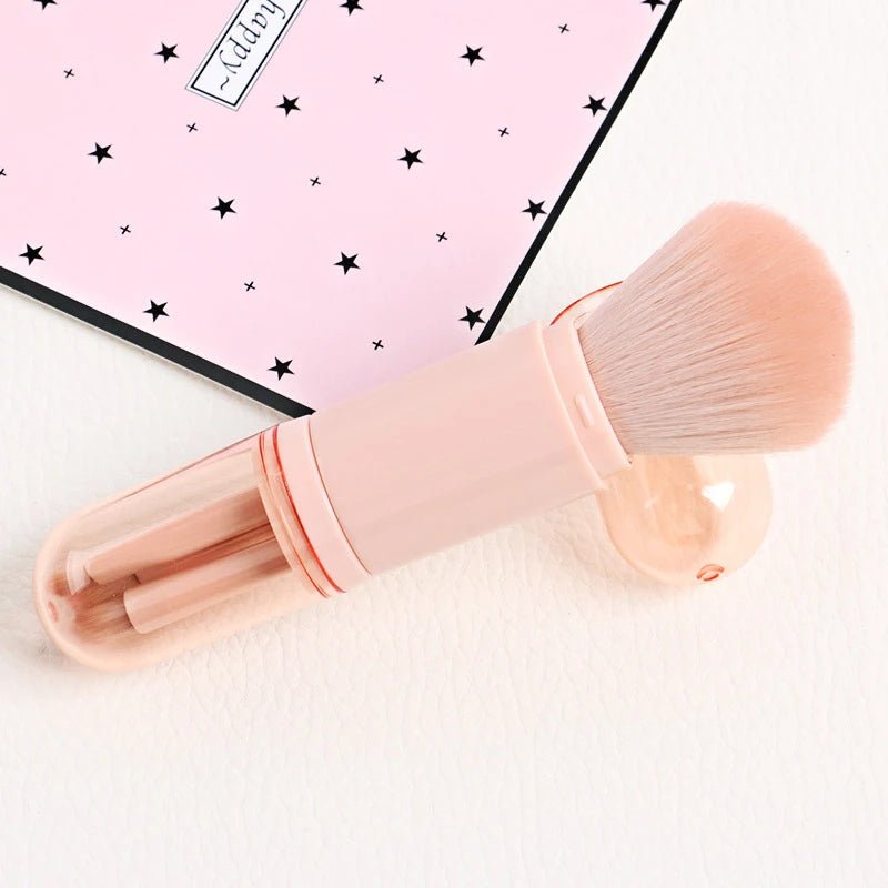 Portable Makeup Brush Set – 4-in-1 Retractable Kabuki Brush with 3 Soft, Compact Eye Brushes for Effortless Touch-Ups Anywhere