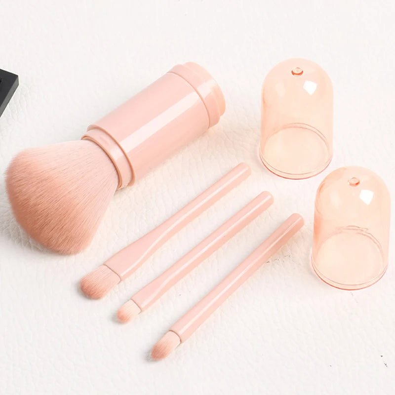 Portable Makeup Brush Set – 4-in-1 Retractable Kabuki Brush with 3 Soft, Compact Eye Brushes for Effortless Touch-Ups Anywhere