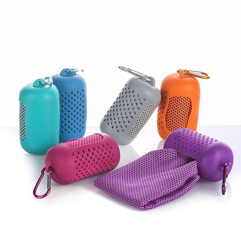 Portable Quick Dry Sport Cooling Towels - Mini Travel Towel Sports Workout Fitness Sweat Towels with Case for Gym, Yoga, Cycling, Running, Hiking, Travel