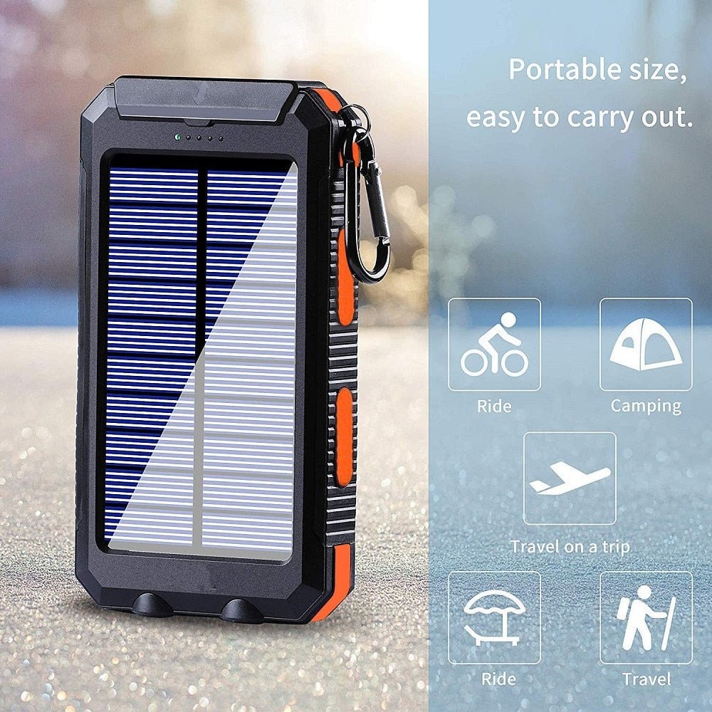 Solar Power Bank with Dual LED Light and Carabiner - USB-Charged Pocket Battery, Solar Panel for Emergency Top-Ups