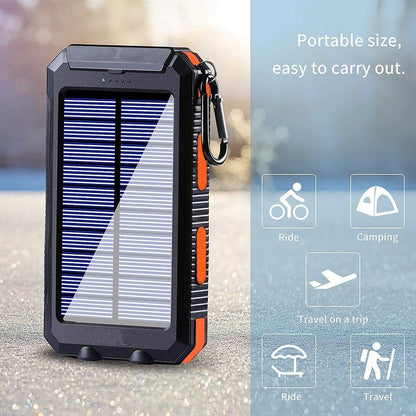 Solar Power Bank with Dual LED Light and Carabiner - USB-Charged Pocket Battery, Solar Panel for Emergency Top-Ups