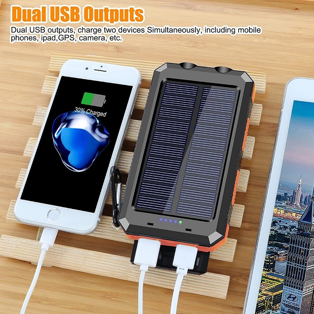 Solar Power Bank with Dual LED Light and Carabiner - USB-Charged Pocket Battery, Solar Panel for Emergency Top-Ups