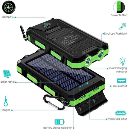 Solar Power Bank with Dual LED Light and Carabiner - USB-Charged Pocket Battery, Solar Panel for Emergency Top-Ups