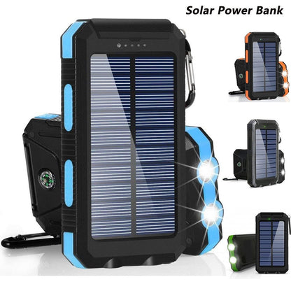 Solar Power Bank with Dual LED Light and Carabiner - USB-Charged Pocket Battery, Solar Panel for Emergency Top-Ups