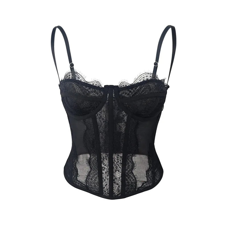 Lace Mesh Corset Top – Open Back Spaghetti Strap Bustier for Lingerie or Street Chic for Women