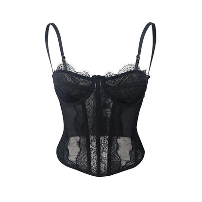 Lace Mesh Corset Top – Open Back Spaghetti Strap Bustier for Lingerie or Street Chic for Women