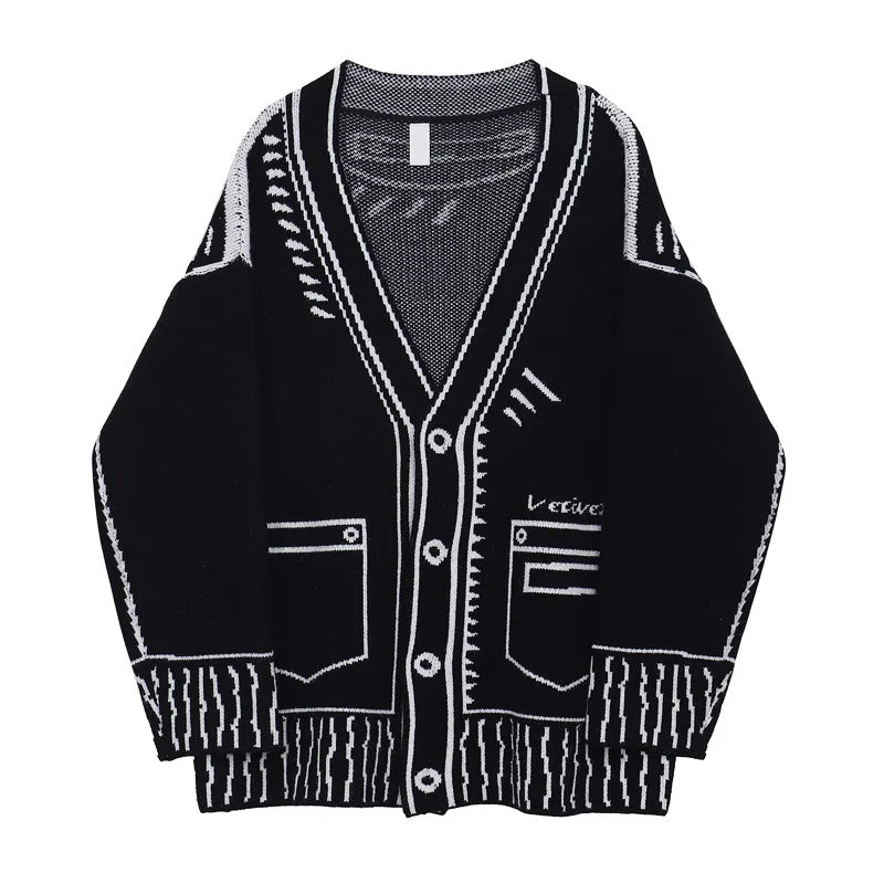 Printed Graffiti V-Neck Knitted Cardigan – Oversized Single-Breasted Jacket for Chic Autumn & Winter Fashion