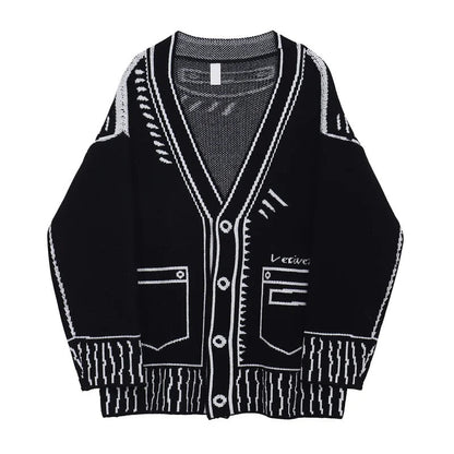 Printed Graffiti V-Neck Knitted Cardigan – Oversized Single-Breasted Jacket for Chic Autumn & Winter Fashion