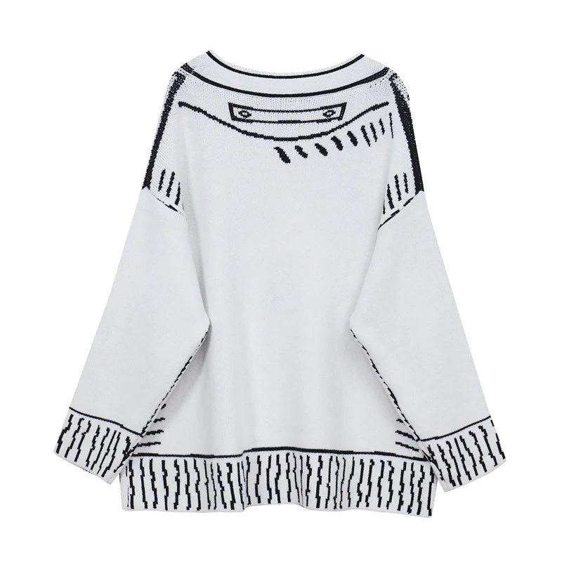 Printed Graffiti V-Neck Knitted Cardigan – Oversized Single-Breasted Jacket for Chic Autumn & Winter Fashion