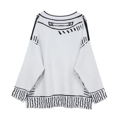 Printed Graffiti V-Neck Knitted Cardigan – Oversized Single-Breasted Jacket for Chic Autumn & Winter Fashion